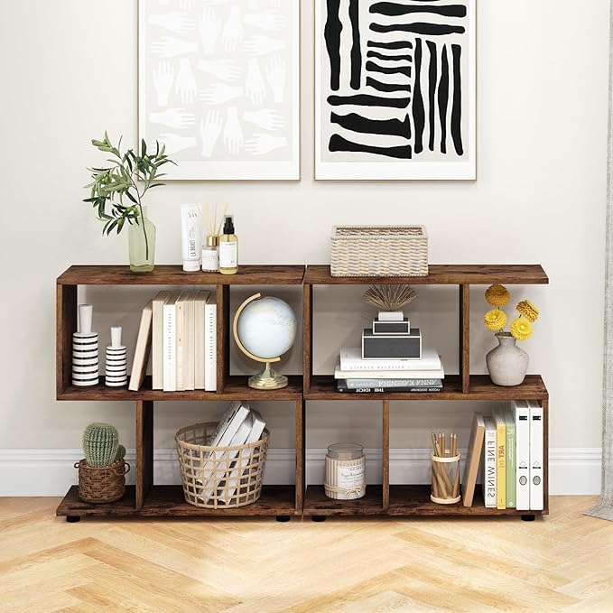 Tangkula 2 Tier Geometric Bookshelf, Freestanding Wood Display Shelf, Home Office Room Divider S Shaped Open Bookcase, Small Bookshelf for Small Spaces, Living Room, Study (Coffee, 2)
