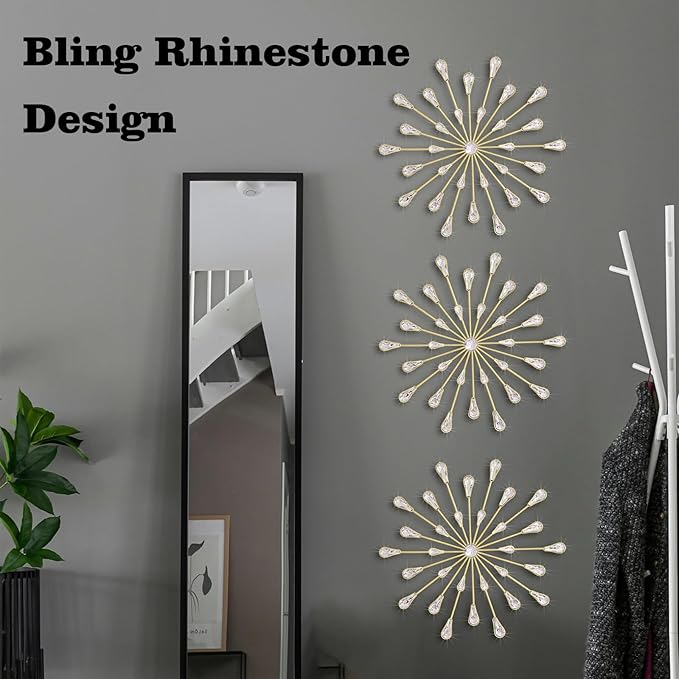 ZEXUIRU 3 Pack Gold Sunburst Wall Decor – Metal Crystal Wall Art with Sparkling Rhinestones, 14’’/18 Inch Starburst Wall Hanging Set for Living Room Bedroom Bathroom – Modern Bling Home Decorations