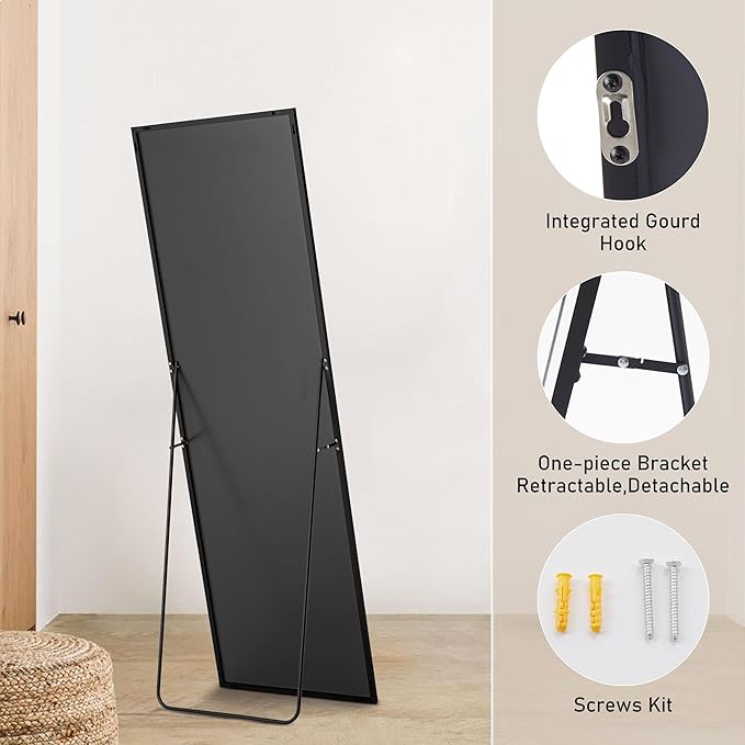 OLIXIS Full Length Mirror for Bedroom, 65"x24" Full Body Mirror with Stand, Hanging or Leaning for Wall, Aluminum Alloy Thin Frame Floor Standing for Living Room, Long, Black