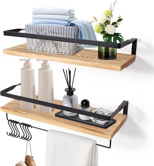 AGM Floating Shelves, 16.5 Inch Bathroom Shelf Set of 2, Wall Storage Shelf with Towel Bar & 8 Hooks, Wall Mounted Shelves for Bathroom, Bedroom, Kitchen, Living Room Decor