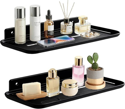 Adhesive Floating Shelves No Drill Floating Shelf for Wall Storage Damage-Free Wall Mounted Organizer for Bathroom, Kitchen, Bedroom & Office (Black, 2 PCS)
