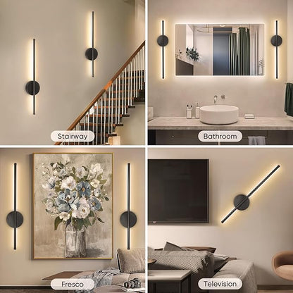 Battery Operated Wall Sconces Set of Two, Wireless Rechargeable Wall Sconces Black with Remote Control Dimmable, Cordless Wall Light Decor for Living Room, Bathroom, Hallway, Timing, 24 Inch