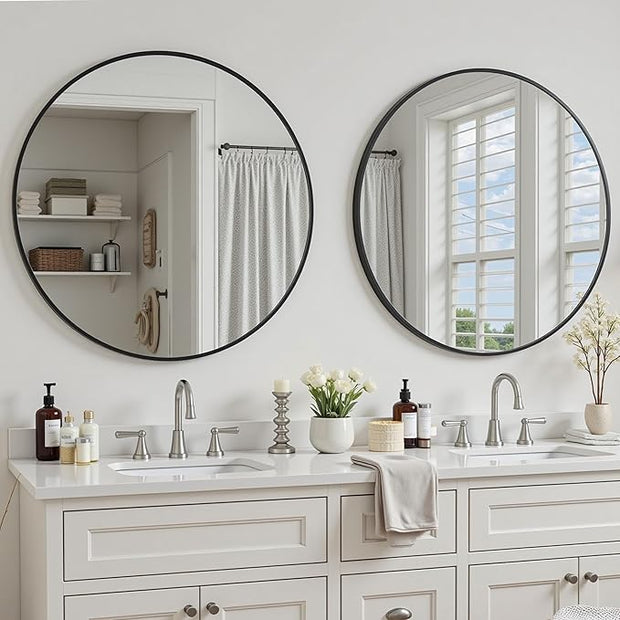 Antok 20 Inch 2PCS Round Mirror for Wall, Round Bathroom Mirror, Circle Wall Mirrors with Black Metal Frame, Circle Mirrors Suitable for Wall, Bathroom, Vanity, Living Room, Entryway