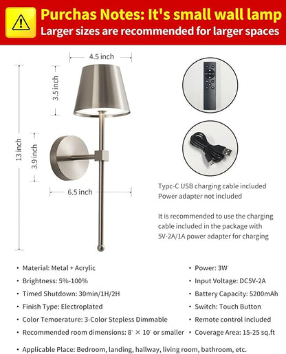KDG Cordless Wall Sconces Set of 2, Wireless 5200mAh Rechargeable Battery LED Wall Lamps, Wall Lightings for Wall Painting, Outdoor, Garden, Bedside, Hallway, Gifts, Night Light (Brushed Nickel)