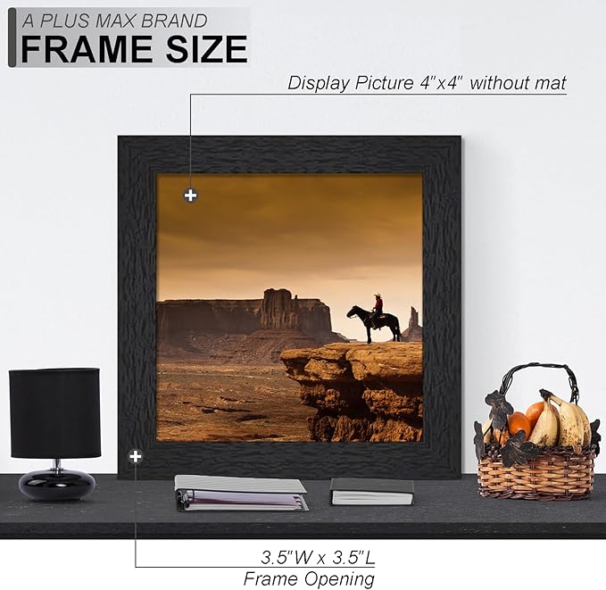 A PLUS MAX Square 4x4 Frame Set of 6, Black Engineered Wood Picture Frame for 4 x 4 Picture Poster Photo, Light Weight 4by4 Frame with Wood-grain for Wall - 6 Pack/Black/4"x4"