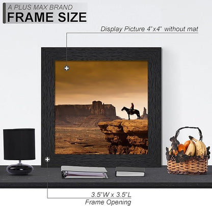A PLUS MAX 4x4 Picture Frame Set of 2, Black Engineered Wood Frame for 4 x 4 Inch Picture Poster Photo, Light Weight 4 by 4 Frame with Wood-grain for Wall - 2 Pack/Black/4"x4"