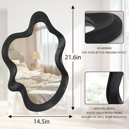 Asymmetrical Mirror for Wall Decor Large Modern Wavy Wooden Framed Wall Mirror Unique Shape Wall Mounted Vanity Artistic Wavy Mirror Decorative for Living Room Bedroom Bathroom Entryway Black