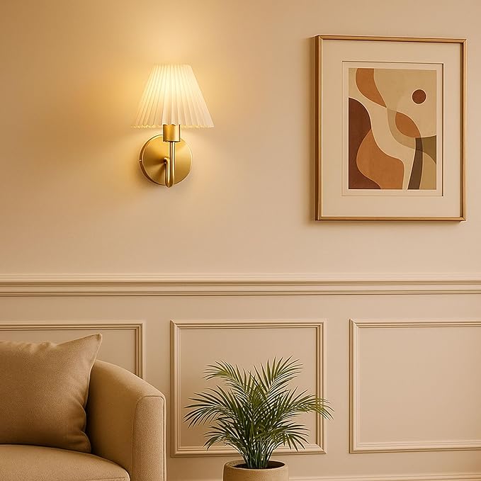 Cordless Wall Sconces Set of 2 with Remote — Gold Pleated Shades Cordless Rechargeable E26 Bulbs, 12 RGB Colors + 3000K/4000K/6000K, Dimmable Wall Mounted Lamps for Bedroom Living Room Hallway