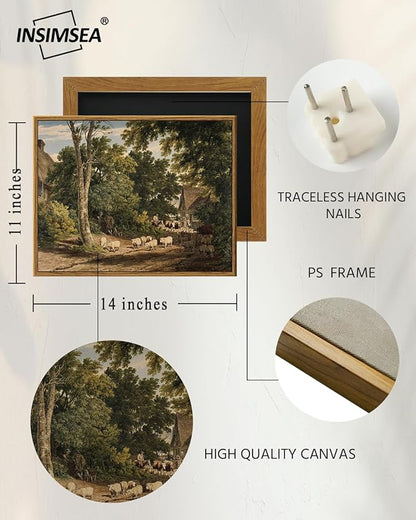 InSimSea Framed Canvas Wall Art Vintage Decor, Room Decor Classical Countryside Landscape Watercolor Painting Canvas Prints Wall Art for Living Room Badroom Farmhouse Bathroom Decor, 11"x14"