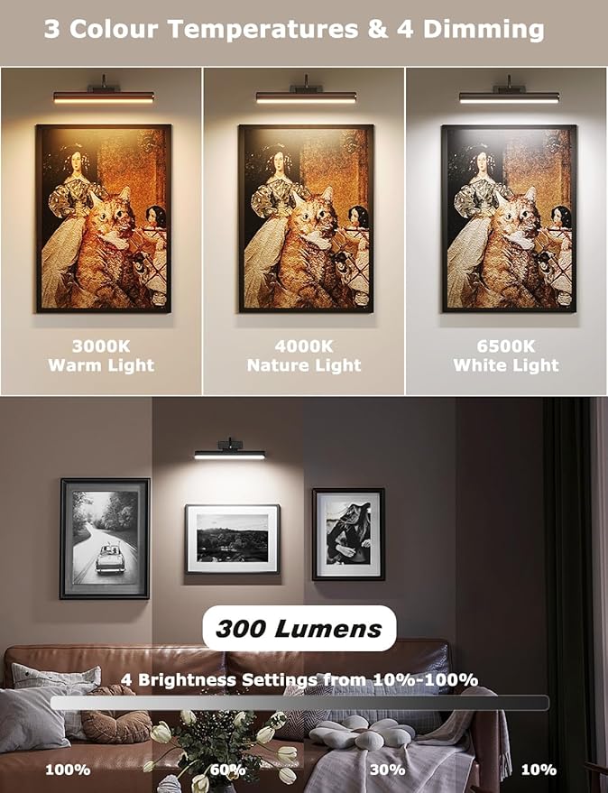 16in Wireless Picture Light with Remote, Battery Operated Picture Lights for Wall 5000mAh, 3 Color Modes and Dimmable LED Art Lighting with Timer for Painting, Frame, Gallery, Bedroom (Black-2Pack)