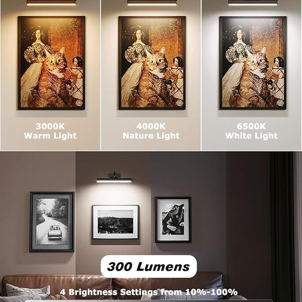Picture Light, Wireless Picture Light with Remote, Battery Operated 5000mAh, 3 Color Modes and Dimmable LED Lights with Timer for Paintings, Gallery, Wall, Dartboard, Bedroom (Black-1Pack)