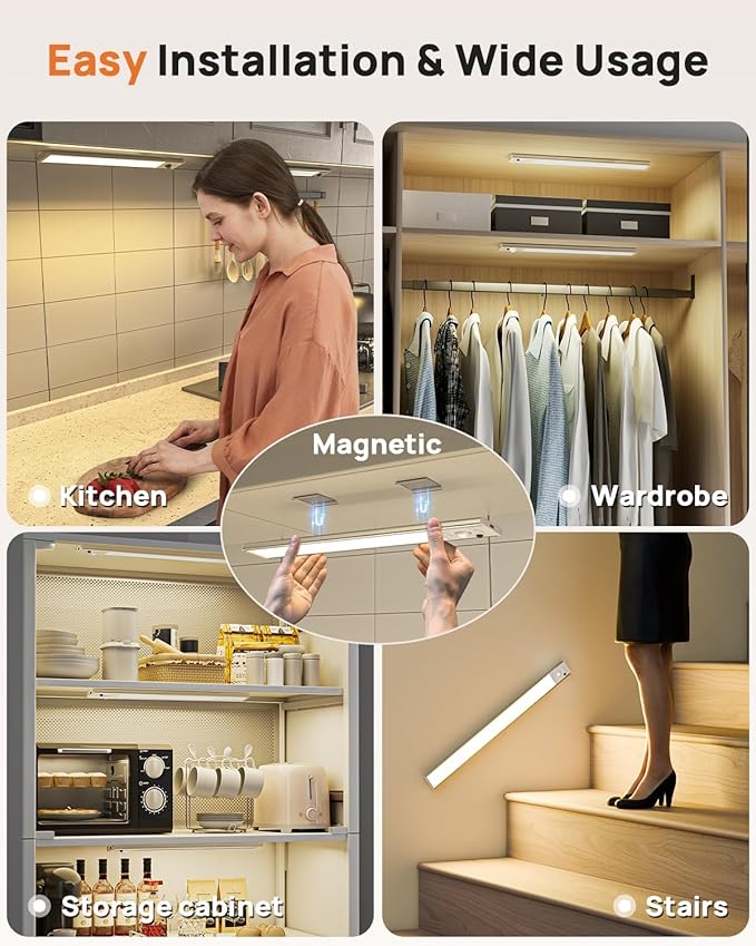 16inch Under Cabinet Lights, LED Motion Sensor Light Indoor, 4000mAh Rechargeable Closet Light with Remote, 3 Color Temps, Magnetic, Wireless Under Counter Lights for Kitchen, Stairs, Pantry, 4 Pack