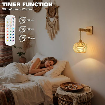 Bamboo Battery Operated Wall Sconces Set of 2, Rechargeable Rattan Cordless Battery Powered Wall Lights/Lamps with Remote, Woven Boho Wireless Decor Lighting Fixture for Living Room Bedroom