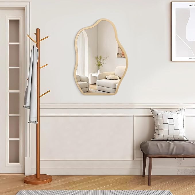 Irregular Mirror for Wall Gold Modern Asymmetrical Large Mirror Wooden Framed Hanging Wall Mirror Unique Shape Vanity Cloud Mirror Decor Decorative for Bedroom Bathroom Living Room Entryway