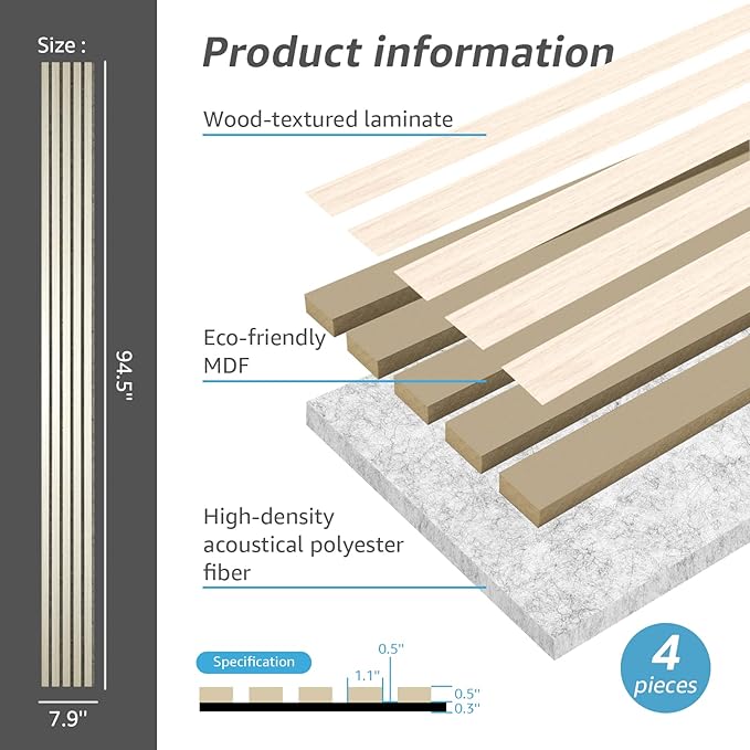 Art3d 4-Piece Wood Slat Acoustic Panels for Stylish Decor and Noise Reduction, 3D Textured Panel for Ceiling and Wall, White Elm