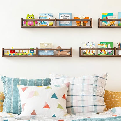 Fixwal Nursery Book Shelves, 32 Inch Floating Bookshelves for Wall Set of 4, Baby Nursery & Playroom Decor, Solid Wood Wall Mounted Shelves for Books and Toys Storage (Brown)