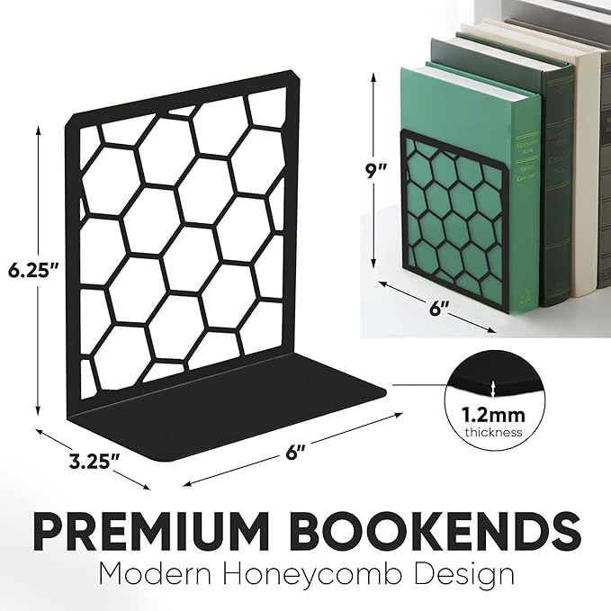 GEOMOD Geometric Honeycomb Black Metal Bookends Decorative - Tall Sturdy Book Ends for Shelves - Modern Heavy Duty Bookend Stopper - Office or Home Book Shelf Book Holder - 6x3.25x6.25 Inches - 2 Pair