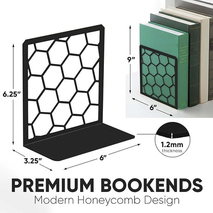 GEOMOD Geometric Honeycomb Black Metal Bookends Decorative - Tall Sturdy Book Ends for Shelves - Modern Heavy Duty Bookend Stopper - Office or Home Book Shelf Book Holder - 6x3.25x6.25 Inches - 2 Pair