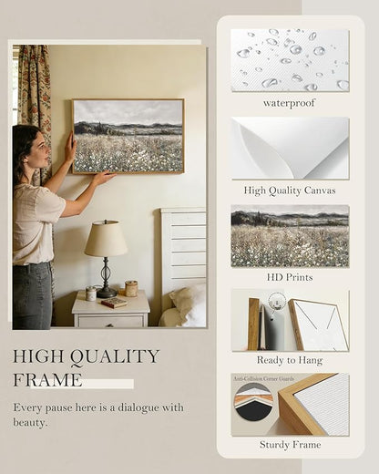 SHENIFY 16x24in Large Vintage Landscape Framed Canvas Wall Art Prairie in Full Bloom Classic Painting Modern Farmhouse Bathroom Office Decor - Natural Framed