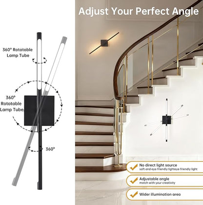 Battery Operated Wall Sconce Set of 2, 8000mAh Wireless Wall Sconces, 3000K-6000K Dimmable, 350°Rotate, Indoor Wall Lights with Remote for Bedroom Living Room Bathroom, Black, 23.6 Inch
