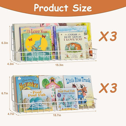 6-Pack White Floating Nursery Book Shelves , Metal Wall Mounted Storage book Shelves for Kids Bedroom, Toddler Room, Baby Nursery Decor, Space-Saving Display Shelves for Books & Toys - 2 Sizes