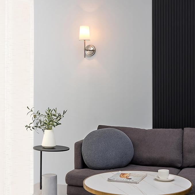 Globe Electric 51858 Clarissa 1-Light Wall Sconce, Brushed Nickel, White Fabric Shade, Bulb Not Included