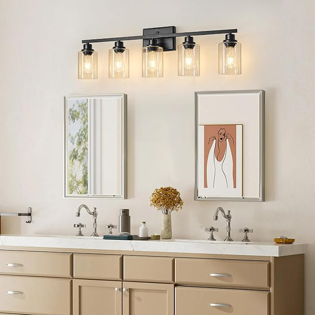 Ascher 5-Light Bathroom Light Fixtures, 33 Inch Vanity Lights with Clear Glass Shade, Modern Black Finish Wall Light for Mirror Bedroom Hallway Cabinet Porch