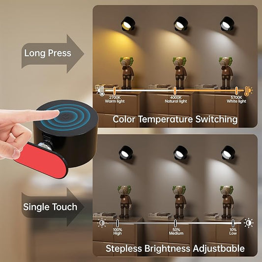 3PACK Romote LED Wall Sconce - Rechargeable Wall Light, 3 Colors & 3 Brightness Levels, 360° Magnetic Rotating Head, Bedside Reading Lamp, Easy Install Battery Operated Wall Lamp Black