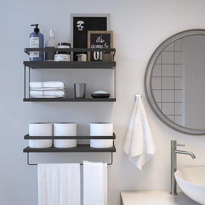 RICHER HOUSE 2+1 Tier Wall Mounted Floating Shelves Set of 2, Rustic Wood Wall Shelf with Metal Frame, Extra Storage Rack for Bathroom, Kitchen, Bedroom with Tissue Rack & Towel Bar - Black