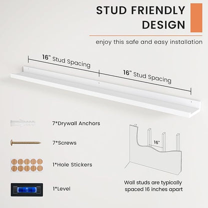 Picture Ledge Shelf, Floating Shelves Set of 2, 48 Inches Long Large Nursery Book Shelves for Toys Storage, Kids Bookshelf Wall Mounted for Living Room Bedroom Decor Books Photo Frames, White