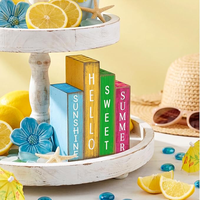 4 Pcs Summer Table Decoration Wooden Book Hawaii Beach Decoration Blue Yellow and Red Summer Tiered Tray Decor Wood Book Sign Farmhouse for Hawaii Party Home Shelf Coffee Table