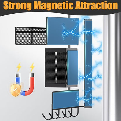Magnetic Spice Rack for Refrigerator, 7 Pack Metal Shelf Black , Moveable Organizer with Hook Rack, Paper Towel Holder, Kitchenware Strong Storage Fridge