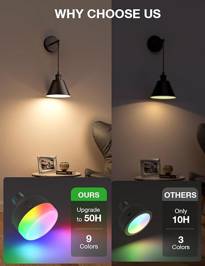 NIORSUN Matte Black Battery Operated Wall Sconce Set of 2, 5200mAh Dimmable Detachable Bulbs and Remote Wireless Rechargeable Wall Lights, 9 Colors Sconces Wall Decor for Bedroom Living Room Hallway