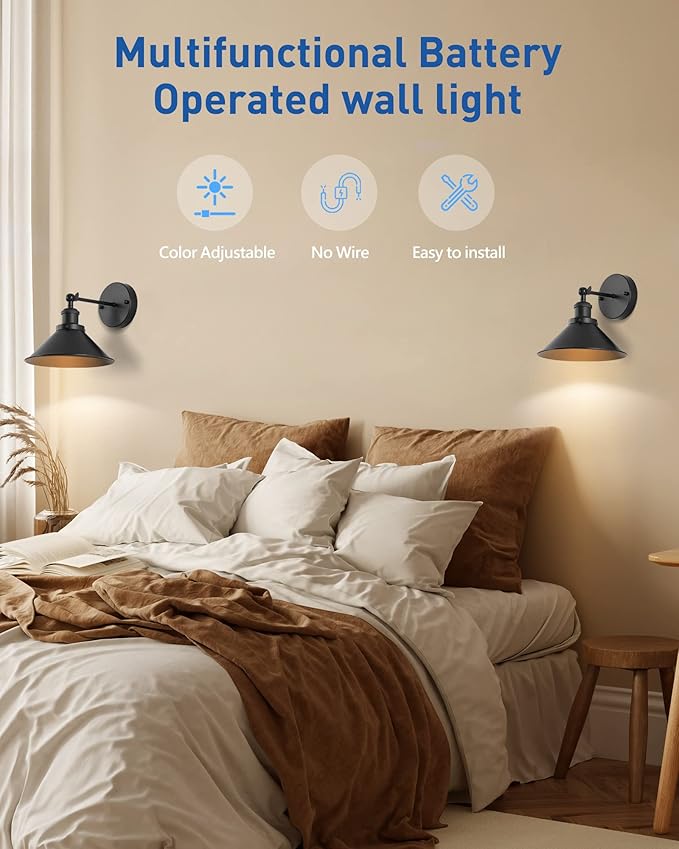 Black Vintage Wireless Battery Operated Wall Sconces, Industrial Cordless Battery Powered Led Wall Lights Set of 2, Wall Lamp Fixture Indoor with Remote Control for Bedroom Farmhouse Gallery