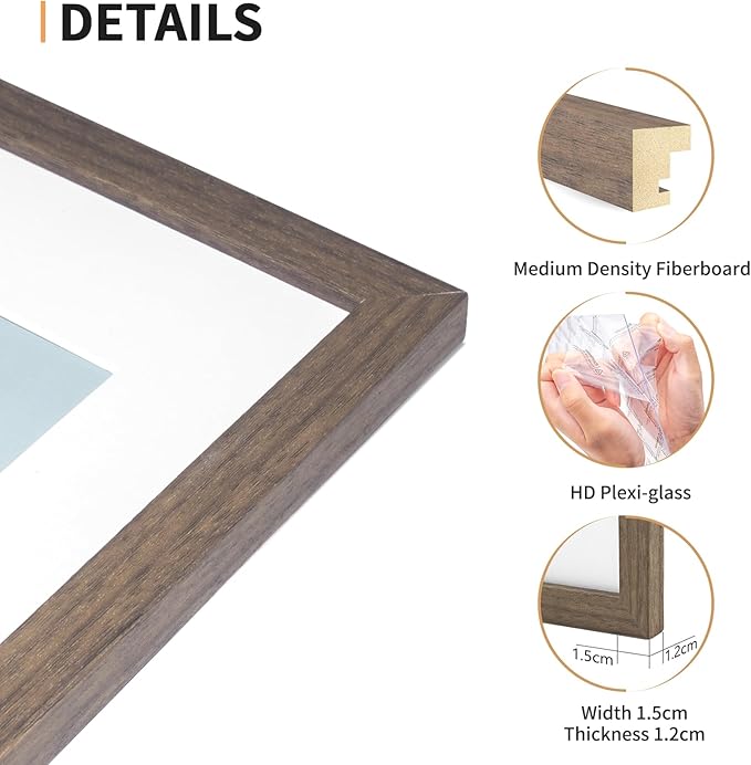 ATOBART 8x10 Picture Frame Set of 4, Displays 5x7 with Mat or 8x10 Without Mat, Photo Frames for Wall Hanging or Tabletop, Includes HD Plexiglass, Brown