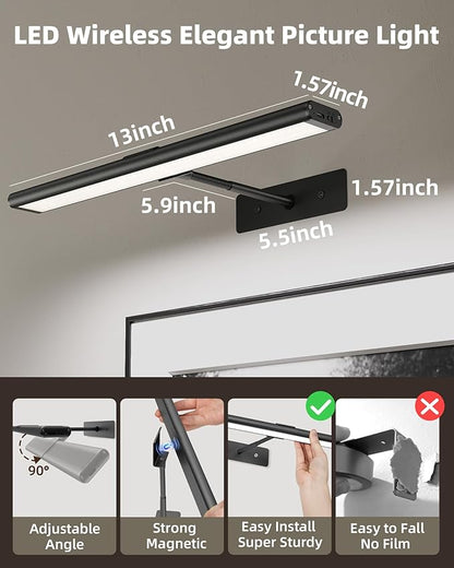 EZVALO Picture Light for Wall, 13'' Black Rechargeable 4800mAh Battery Lights Wireless with IR Remote, Magnetic LED Art Painting Light with 3 Color Temperatures, Display for Gallery, Living Room(2P)