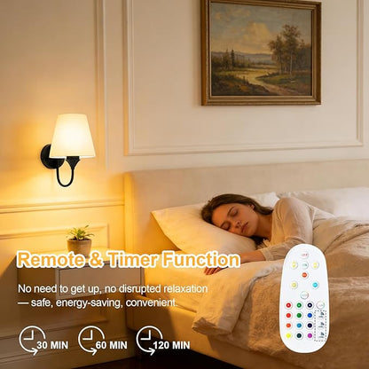 Battery Operated Wall Sconces Set of 2, Black 10000mAh Rechargeable Dimmable LED Bulb, 15 Colors & Remote, with Fabric for Bedroom Living Room Hallway Staircase Decor