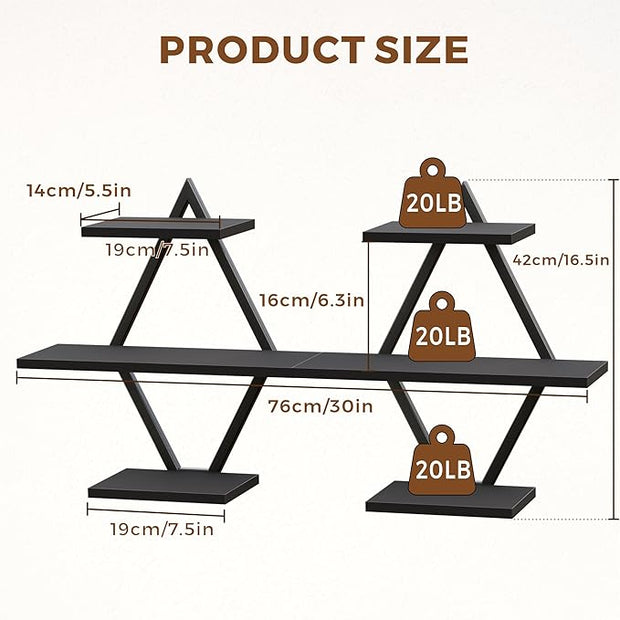 Floating Shelves, Wall Shelf Set of 2, Wall Mounted Shelves, 3-Tier Hanging Wall Shelves for Bathroom, Living Room, Bedroom, Kitchen, Office (Black)