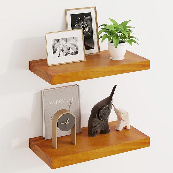 Fun Memories Wood Floating Shelves Set of 2, Rustic Pine Wood Floating Shelves for Wall Mounting, Wide Wall Shelf for Home Decor and Storage, 16" W x 7" D, Honey Oak