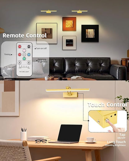 4Pack Rechargeable Picture Light, 5200mAh Brass Battery Operated Picture Lights for Wall with Remote Control, 300LM 3000K Warm White Light 16" Metal Dimmable Picture Light for Painting & Artwork