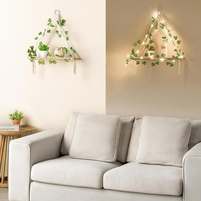 Mkono Artificial Ivy Macrame Hanging Shelves with Lights Set of 2 Boho Wall Decor Display Plants Photos Wood Floating Storage Shelf for Bedroom Bathroom Living Room Nursery Dorm Kitchen, White
