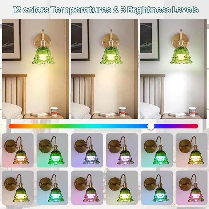 Battery Operated Wall Sconces, Set of Two RGB Color Dimmable Wall Sconce with Remote, Green Glass Lampshade Wall Decor Set of 2 for Living Room, Bedroom, Bedside, Bathroom