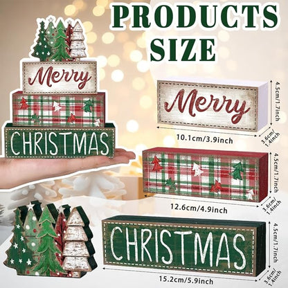DIYDEC 4Pcs Christmas Table Decoration Green Tree Wooden Block Sign Christmas Tiered Tray Decor Winter Centerpiece Decorative Sign for Xmas Holiday Tabletop Coffee Fireplace Shelf Desk Party Decor