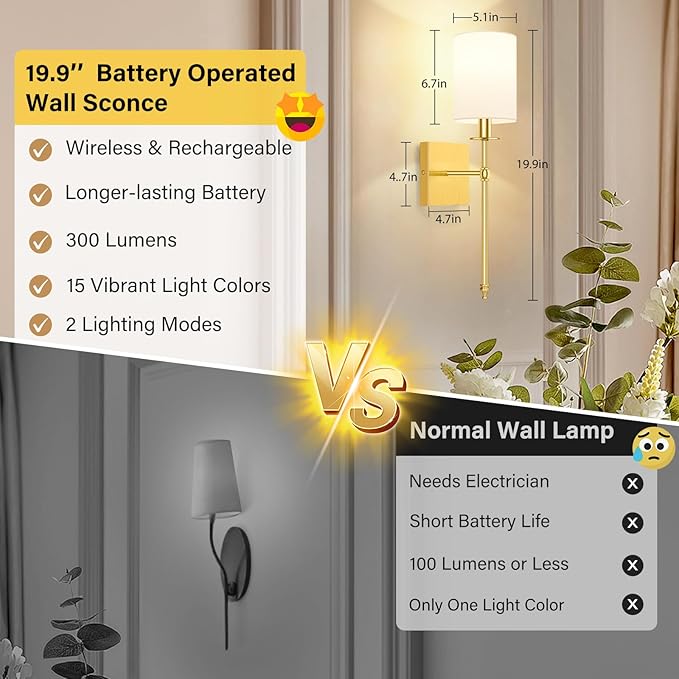 19.9 Inch Wall Sconces Battery Operated Set of 2, Gold Rechargeable Wireless Wall Sconces Lights with Remote, Not Hardwired Dimmable Wall Lamps with White Fabric Shade for Bedroom, 2 Bulbs Included