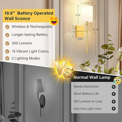 19.9 Inch Wall Sconces Battery Operated Set of 2, Gold Rechargeable Wireless Wall Sconces Lights with Remote, Not Hardwired Dimmable Wall Lamps with White Fabric Shade for Bedroom, 2 Bulbs Included