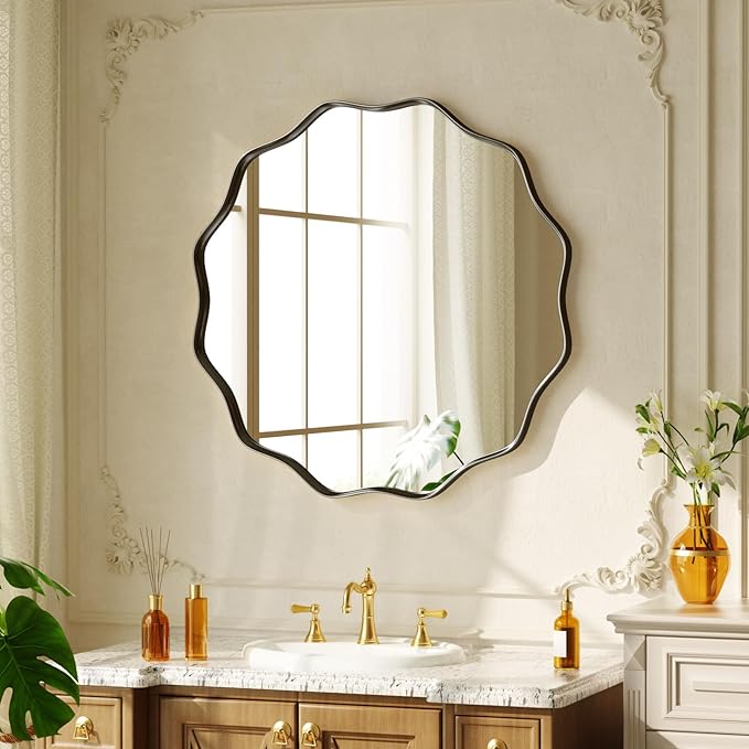 20 Inch Scalloped Round Wall Mirror, Black Wavy Edge Frame Circle Mirror for Bathroom, Bedroom, Entryway, Living Room for Wall Decor