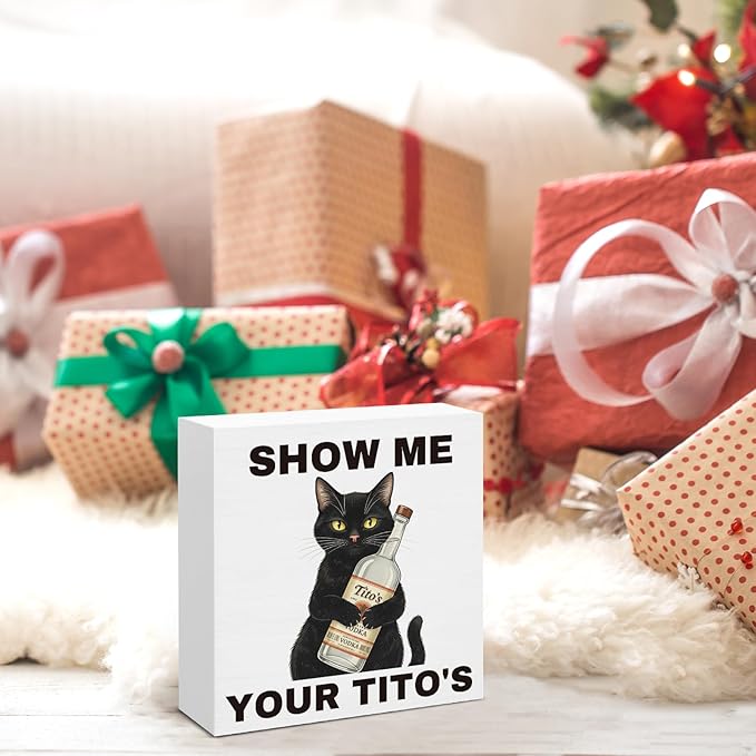Funny Bar Decor, Man Cave Sign, Show Me Your Titos Black Cat Wooden Sign for Home Bar Basement Kitchen Desk Decoration 5 x 5 Inches