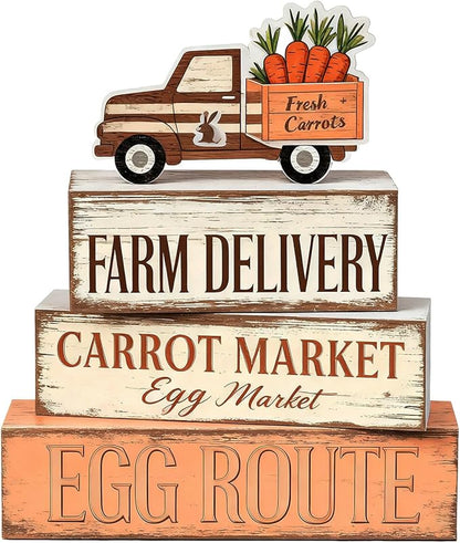 Easter Decorations - Farm Delivery Easter Truck Tiered Tray Decor - Wooden Farmhouse Easter Tabletop Sign with Carrots & Eggs - Rustic Spring Home Decor for Shelf Mantel Kitchen - Spring Home Decor for Living Room, Kitchen Counter
