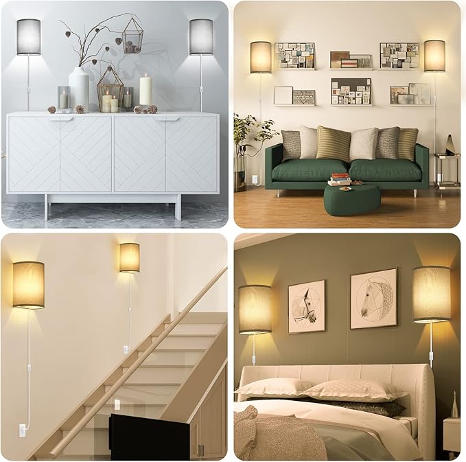 Wall Sconces Set of Two, Fabric Shades Plug in Wall Sconces, 3 Color Temperature Switching Modern Wall Light Fixtures, Wall Lamp with Plug in Cord, On/Off Switch Wall Lights for Bedroom Porch (Grey)