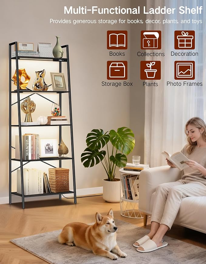 5-Tier Wide Ladder Shelf with LED Lights, Touch & Remote Control, 3 Color Temperatures, Dimmable Tall Corner Standing Bookcase, Metal Wood Display Shelf for Living Room, Bedroom(Black)